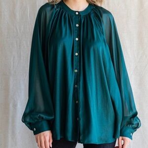 Jodifl Elegant Teal Blouse with Sheer Sleeves, oversized